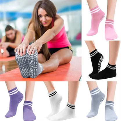 Non-Slip Grip Socks for Pilates, Yoga & Workouts | Double-Stripe Athletic Socks 