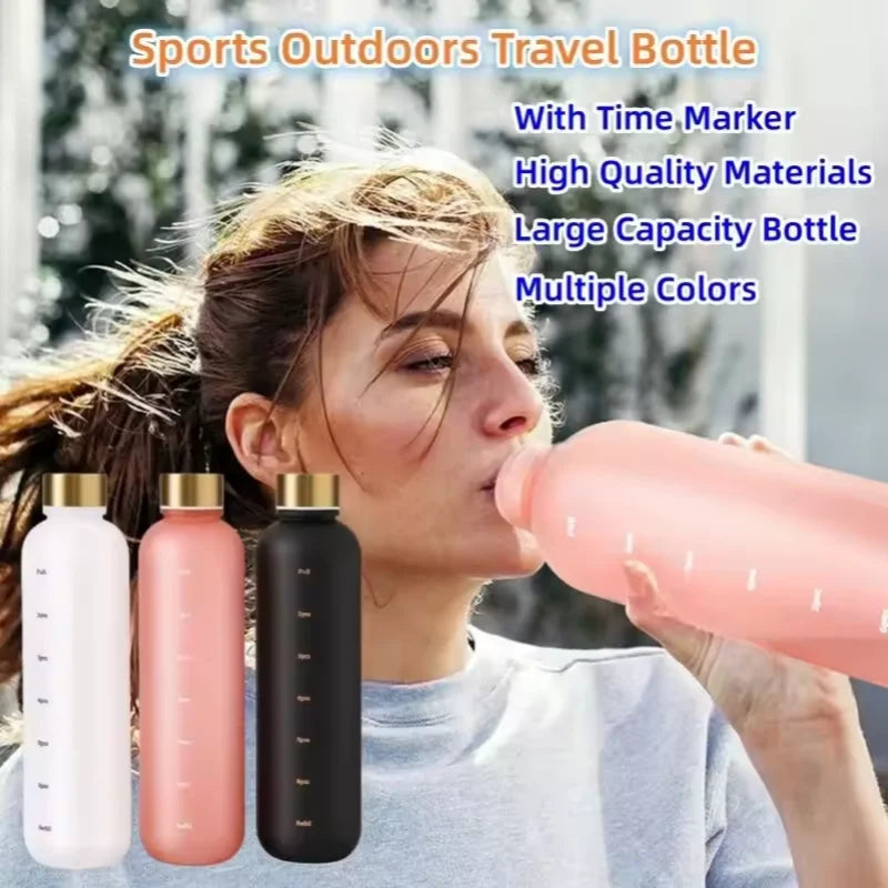 1L Motivational Water Bottle with Time Marker – Leakproof, BPA-Free, Frosted Design